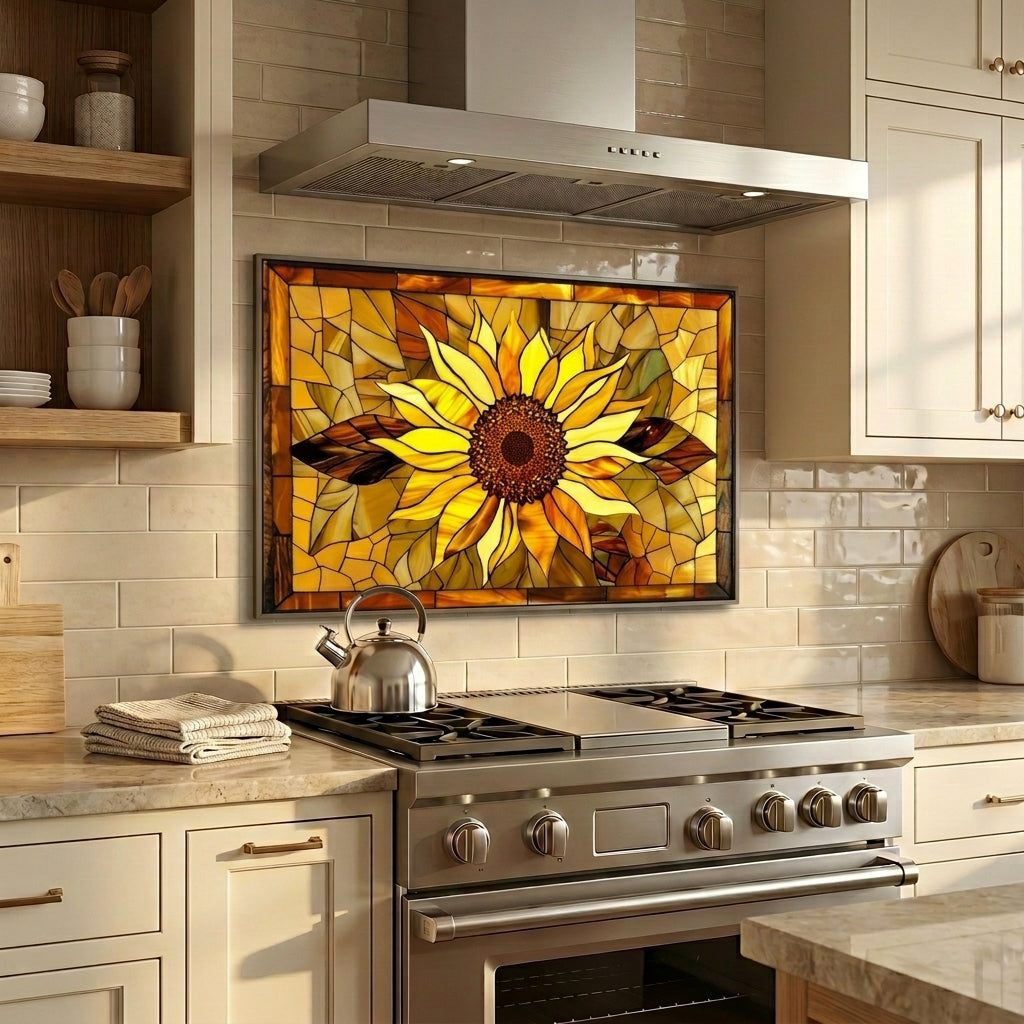 Sunflower Metal Kitchen Backsplash Panel, Stained Glass Inspired Wall Art
