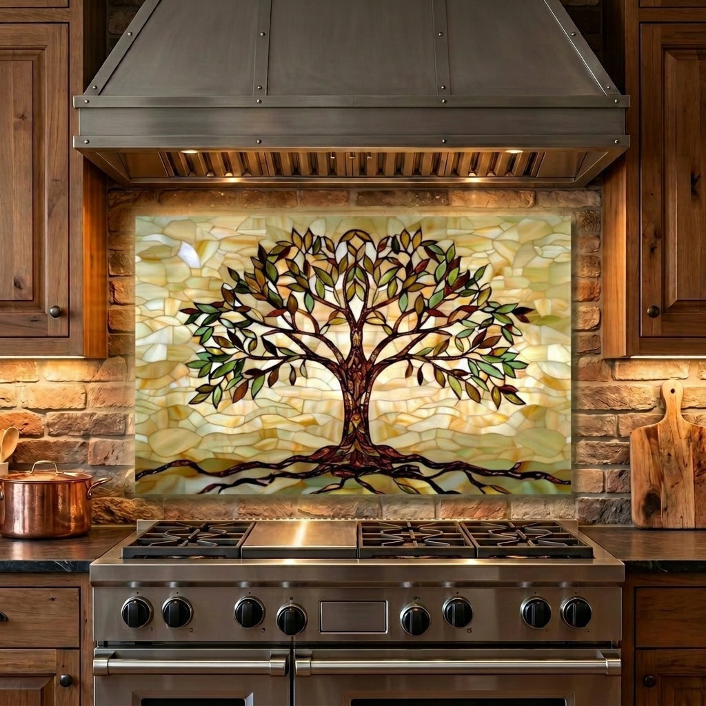 Tree of Life Metal Kitchen Backsplash Panel, Stained Glass Inspired Wall Art