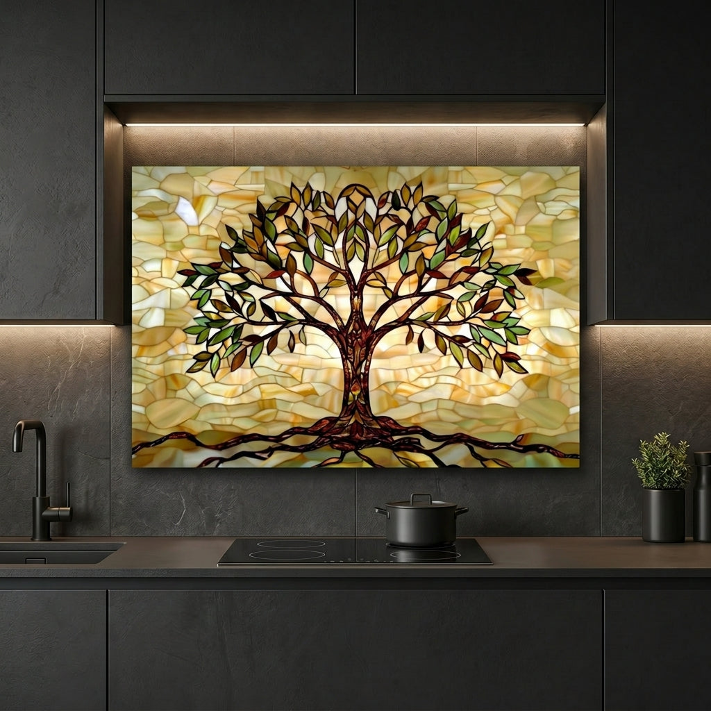 Tree of Life Metal Kitchen Backsplash Panel, Stained Glass Inspired Wall Art