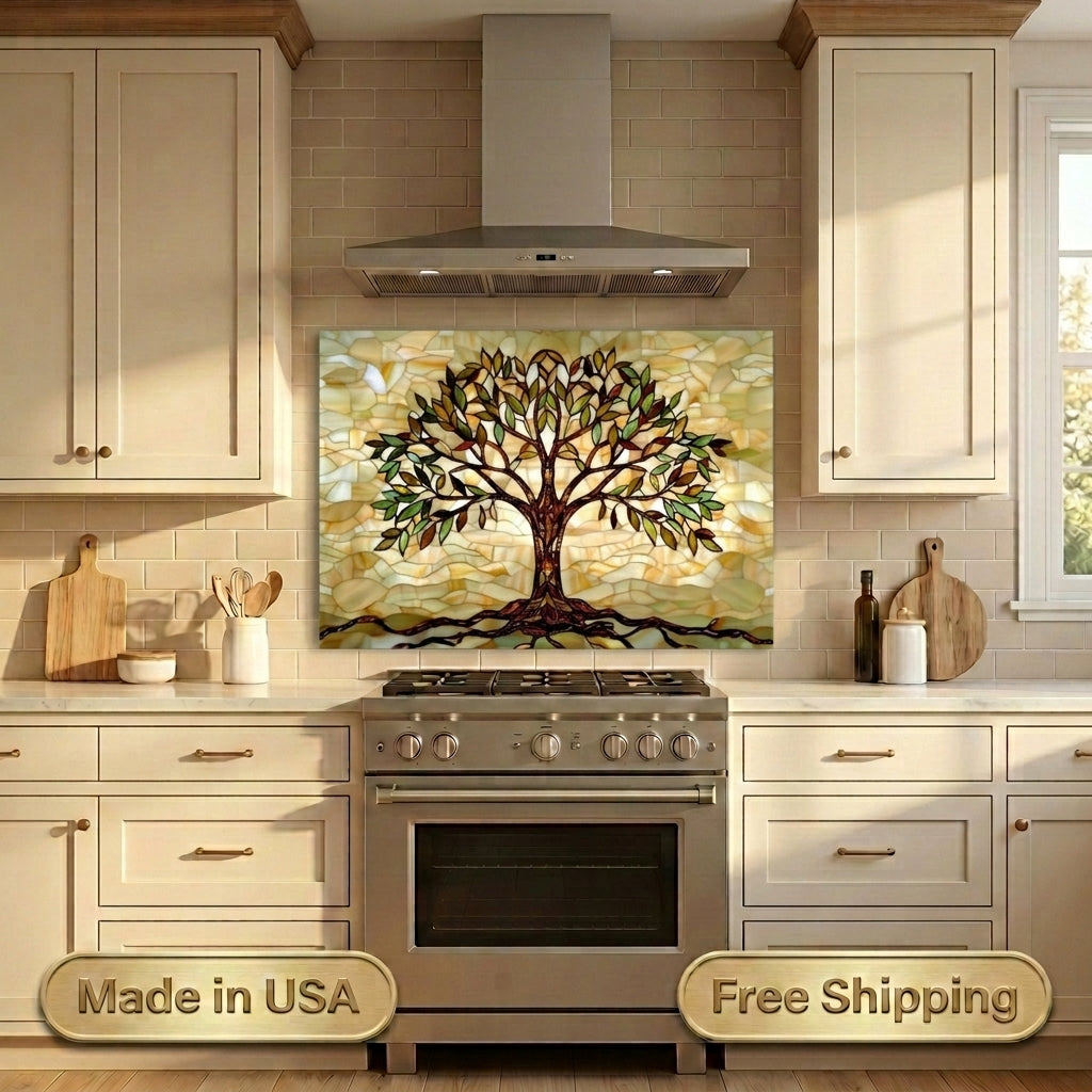 Tree of Life Metal Kitchen Backsplash Panel, Stained Glass Inspired Wall Art