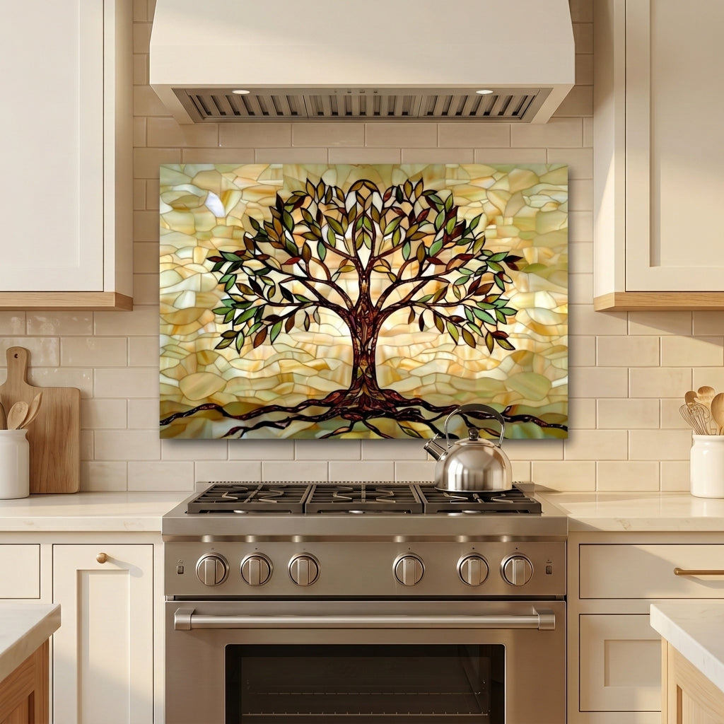 Tree of Life Metal Kitchen Backsplash Panel, Stained Glass Inspired Wall Art