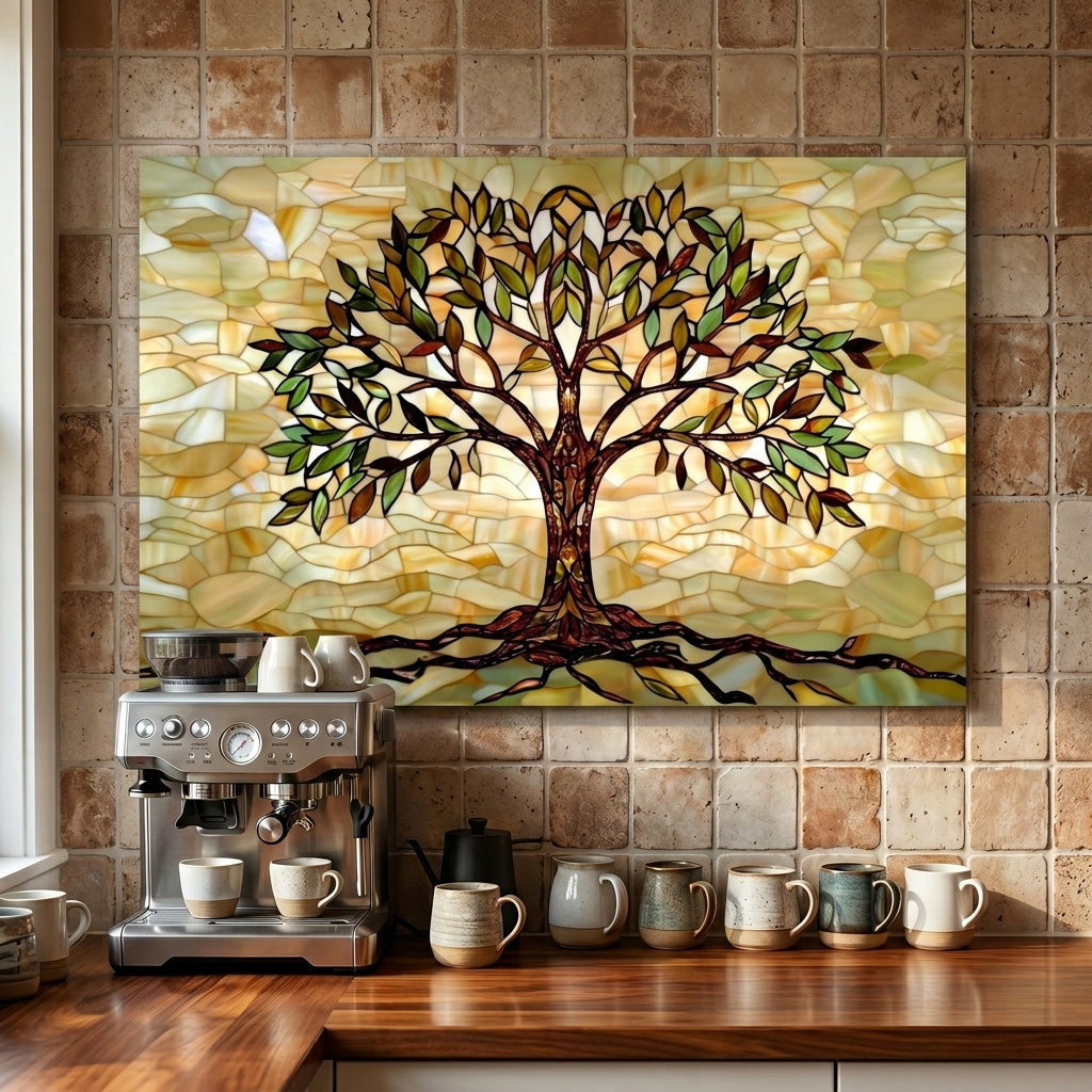 Tree of Life Metal Kitchen Backsplash Panel, Stained Glass Inspired Wall Art