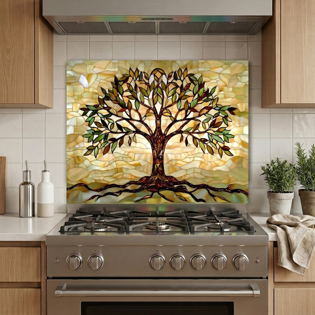 Tree of Life Metal Kitchen Backsplash Panel, Stained Glass Inspired Wall Art