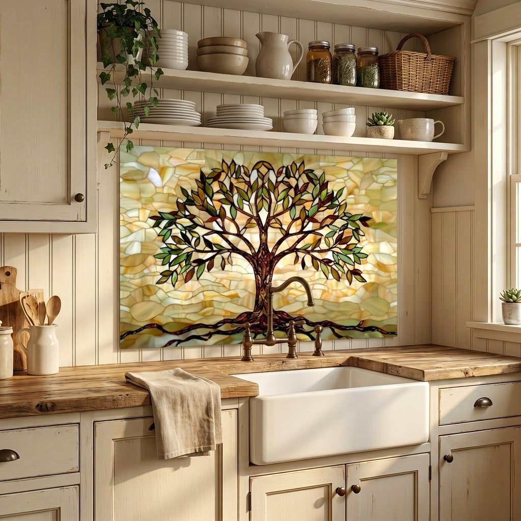 Tree of Life Metal Kitchen Backsplash Panel, Stained Glass Inspired Wall Art