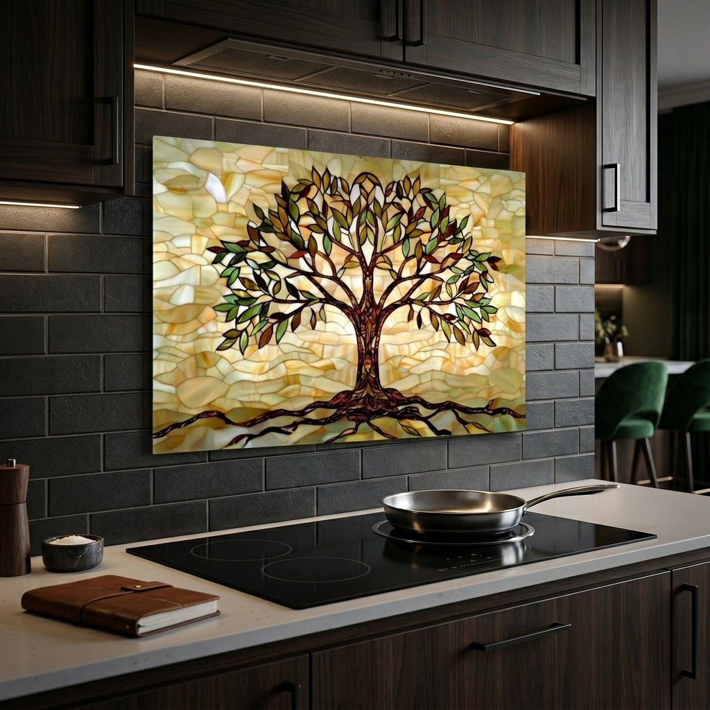 Tree of Life Metal Kitchen Backsplash Panel, Stained Glass Inspired Wall Art