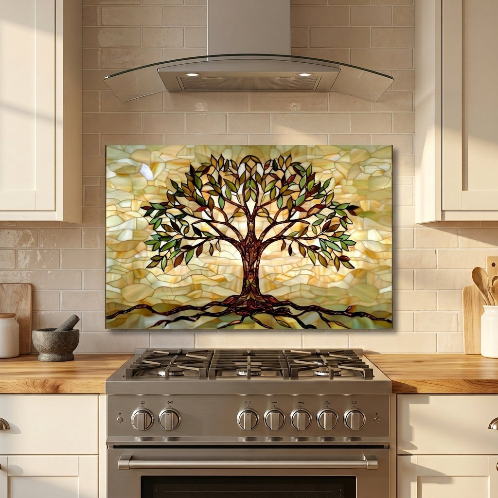 Tree of Life Metal Kitchen Backsplash Panel, Stained Glass Inspired Wall Art