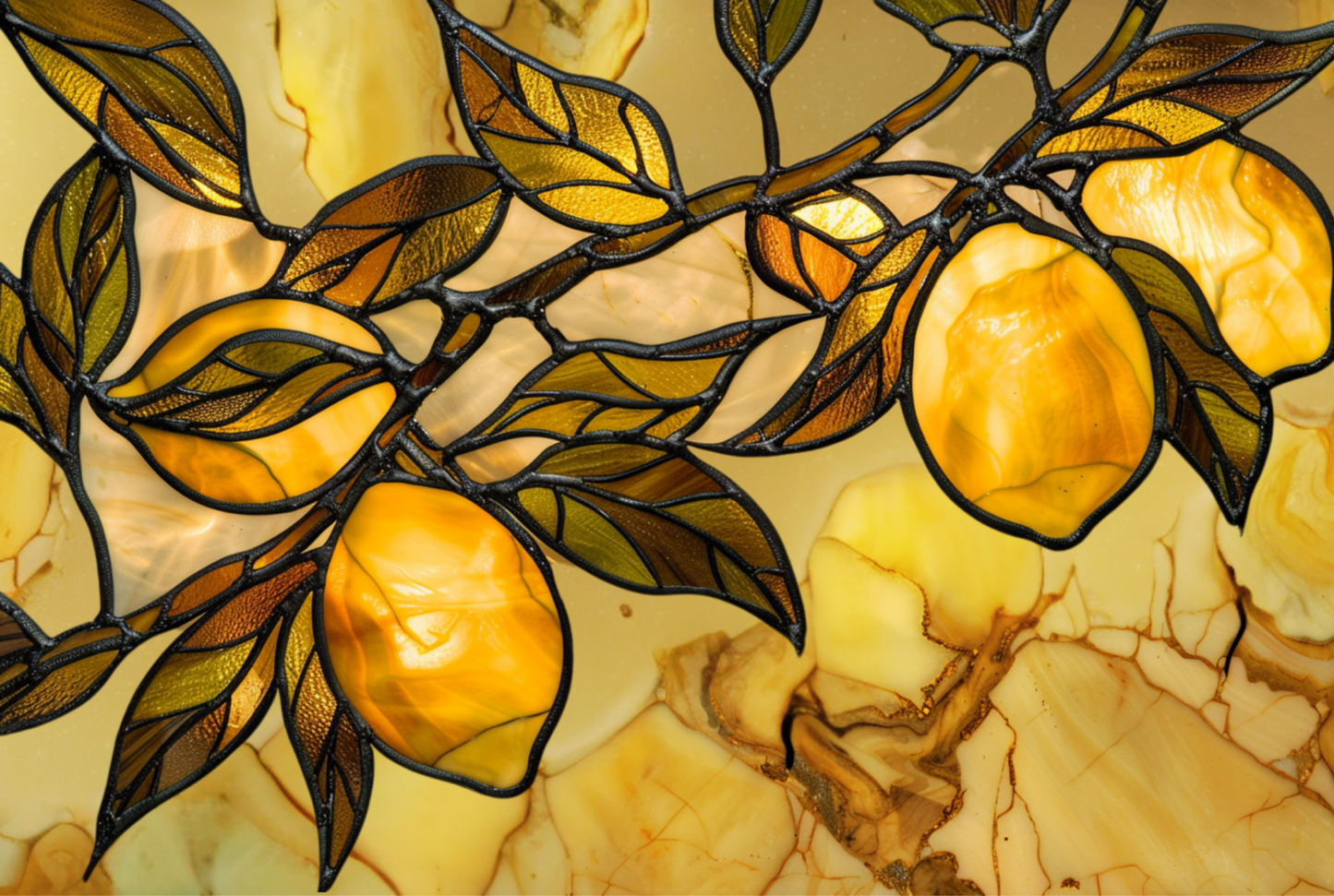 Tuscan Lemon Metal Kitchen Backsplash Panel, Stained Glass Look Art