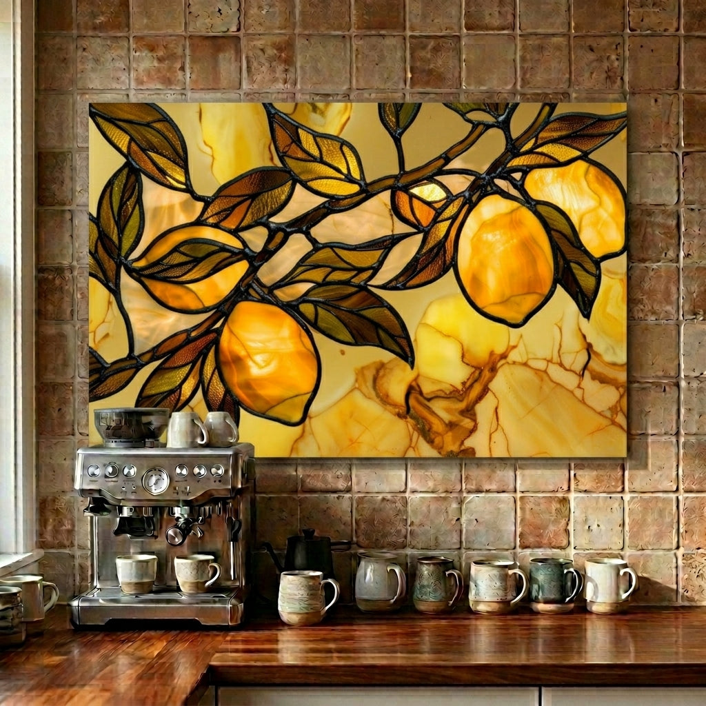 Tuscan Lemon Metal Kitchen Backsplash Panel, Stained Glass Look Art