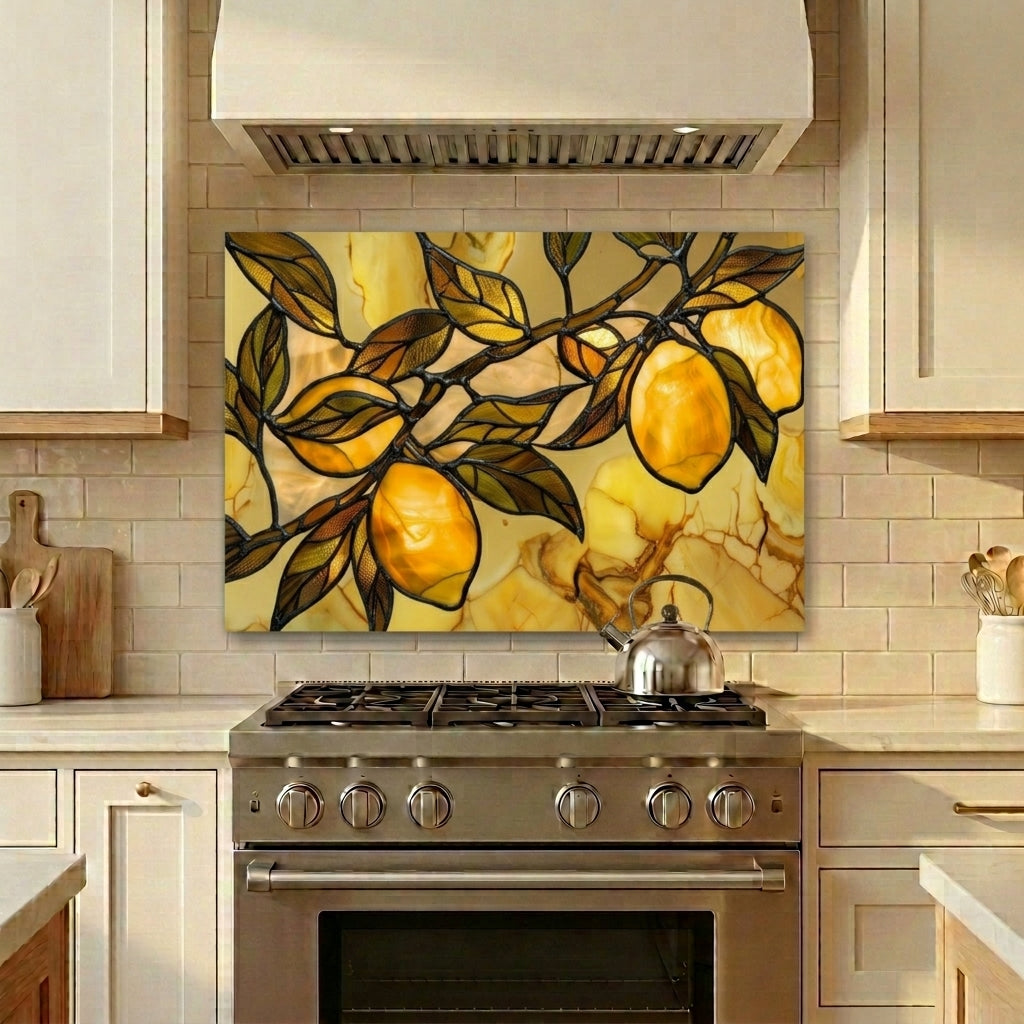 Tuscan Lemon Metal Kitchen Backsplash Panel, Stained Glass Look Art