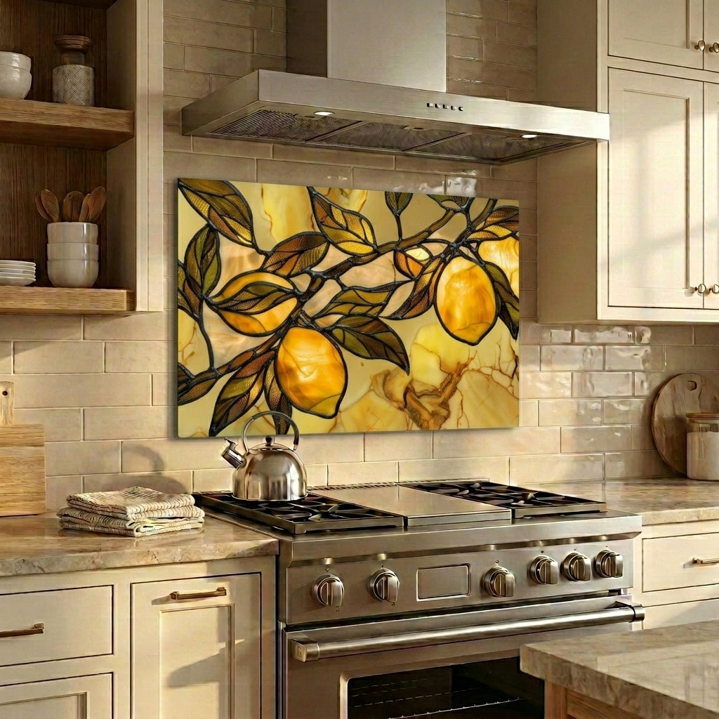 Tuscan Lemon Metal Kitchen Backsplash Panel, Stained Glass Look Art