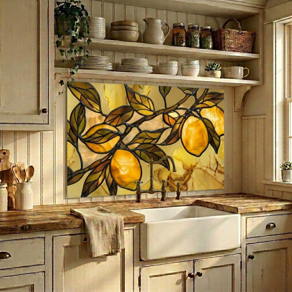 Tuscan Lemon Metal Kitchen Backsplash Panel, Stained Glass Look Art