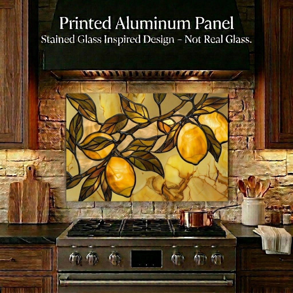 Tuscan Lemon Metal Kitchen Backsplash Panel, Stained Glass Look Art