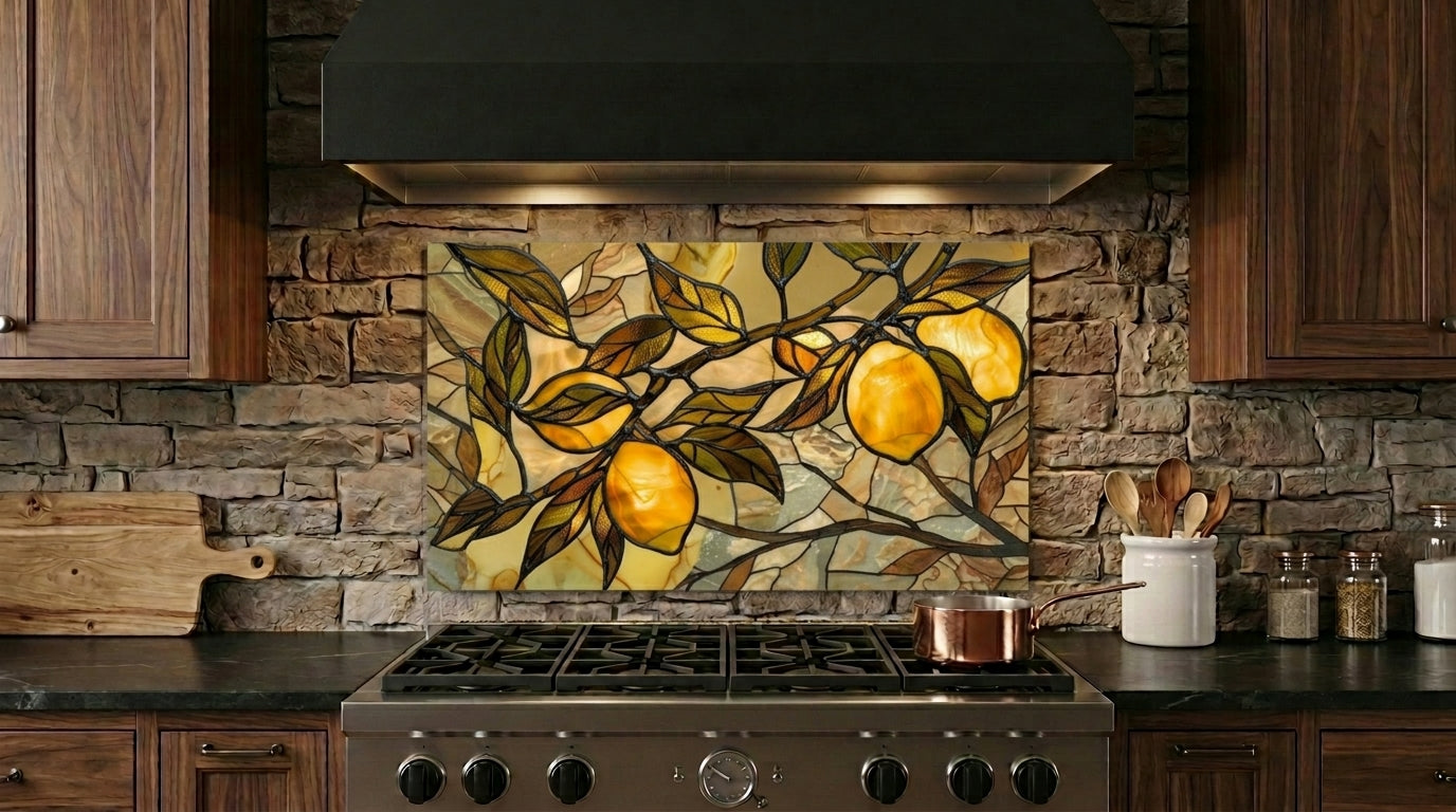 Tuscan Lemon Metal Kitchen Backsplash Panel, Stained Glass Look Art