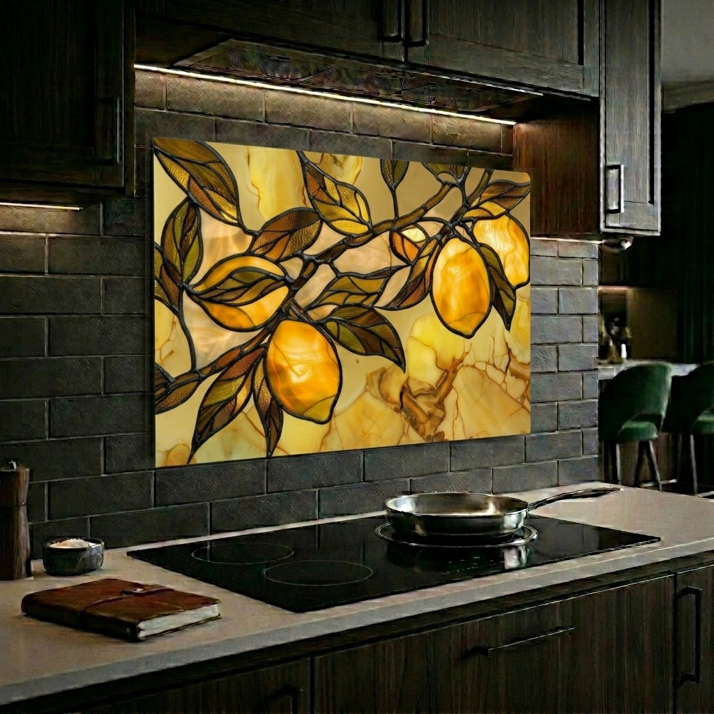 Tuscan Lemon Metal Kitchen Backsplash Panel, Stained Glass Look Art