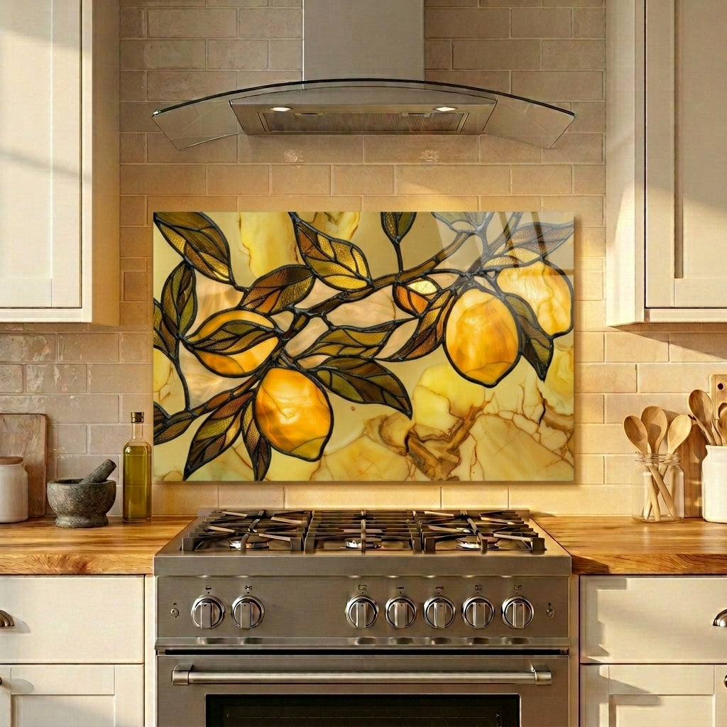 Tuscan Lemon Metal Kitchen Backsplash Panel, Stained Glass Look Art