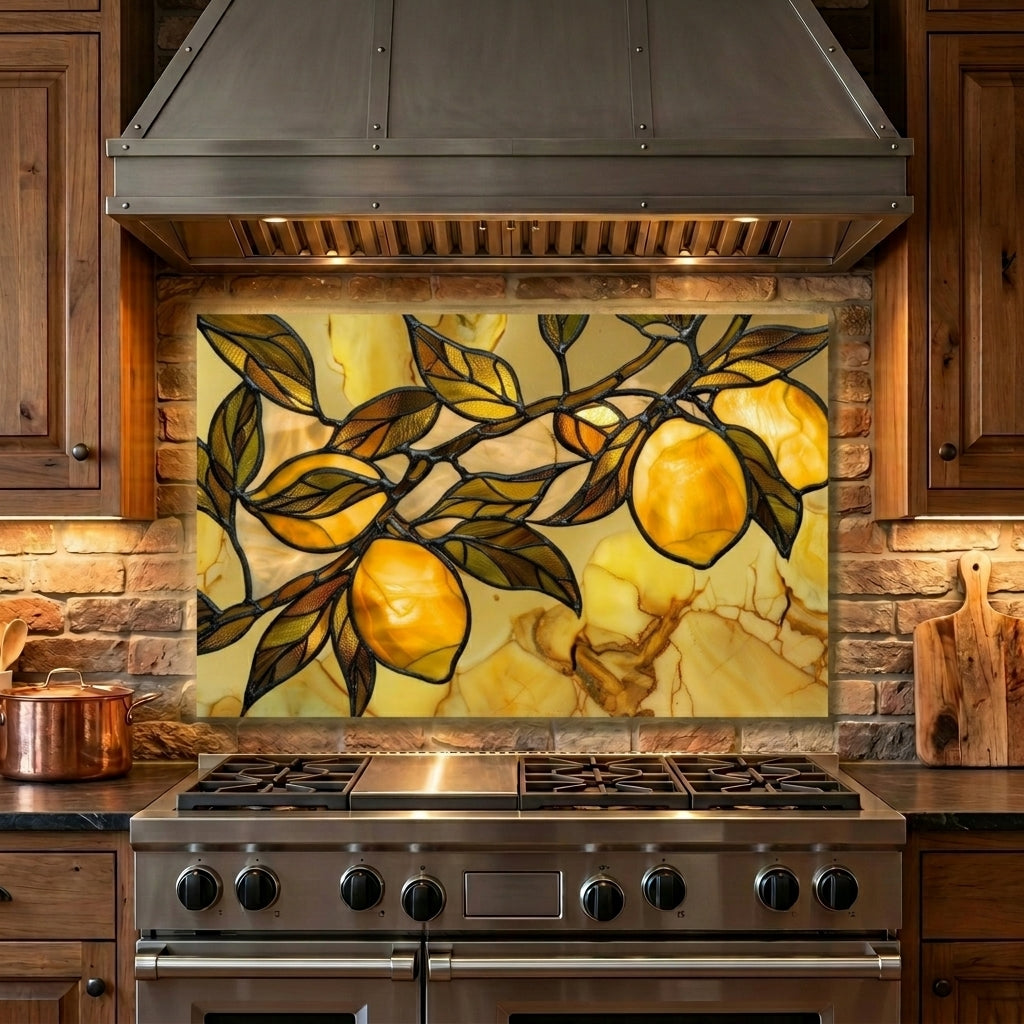 Tuscan Lemon Metal Kitchen Backsplash Panel, Stained Glass Look Art