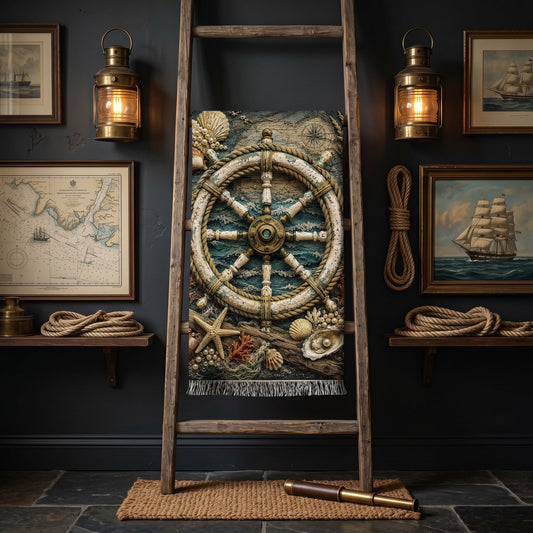 Vintage Ship Wheel Woven Blanket, Beaded Look Coastal Nautical Decor