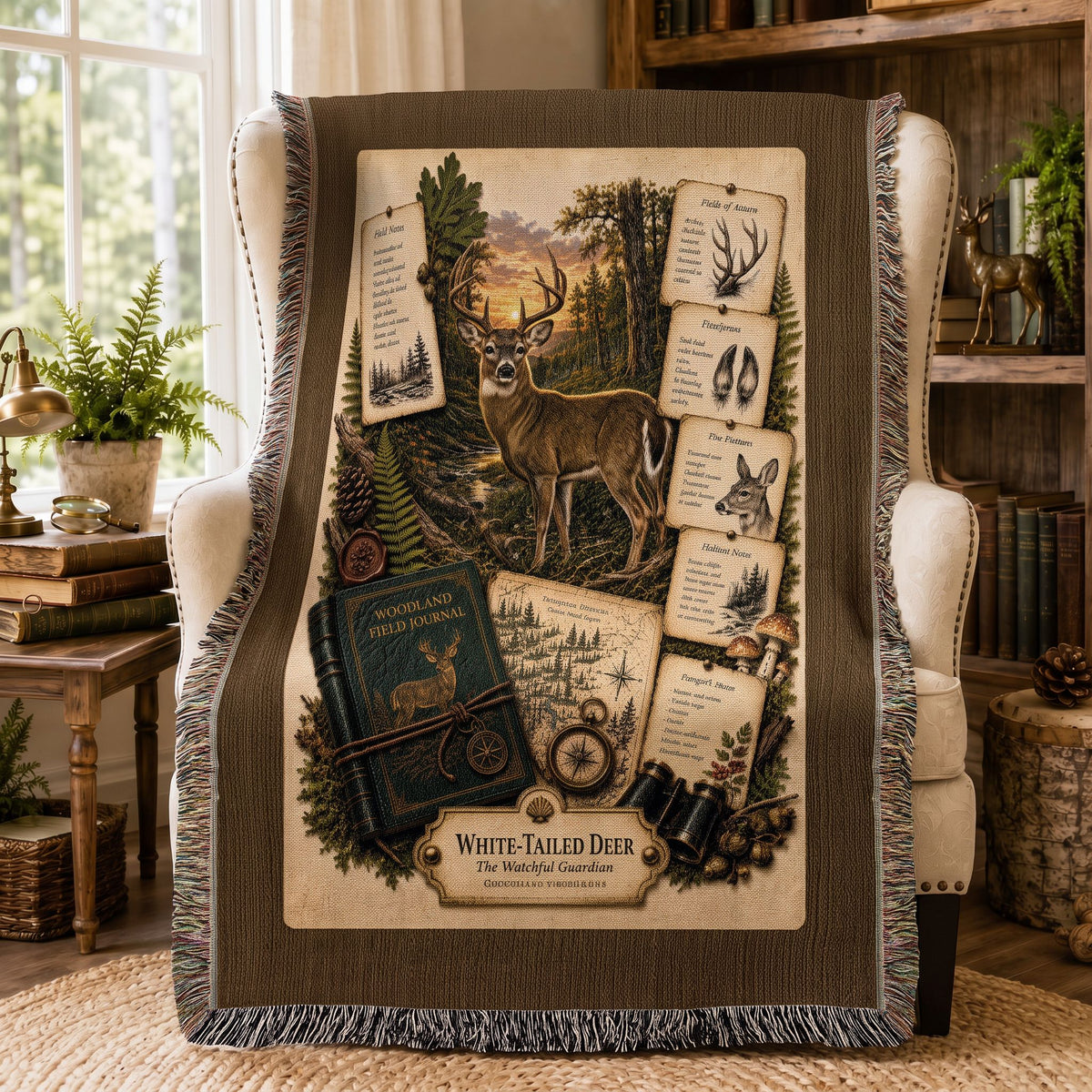 White-Tailed Deer Woven Throw Blanket | Woodland Animal Decor | Cotton Tapestry Throw | Naturalist Journal Gift