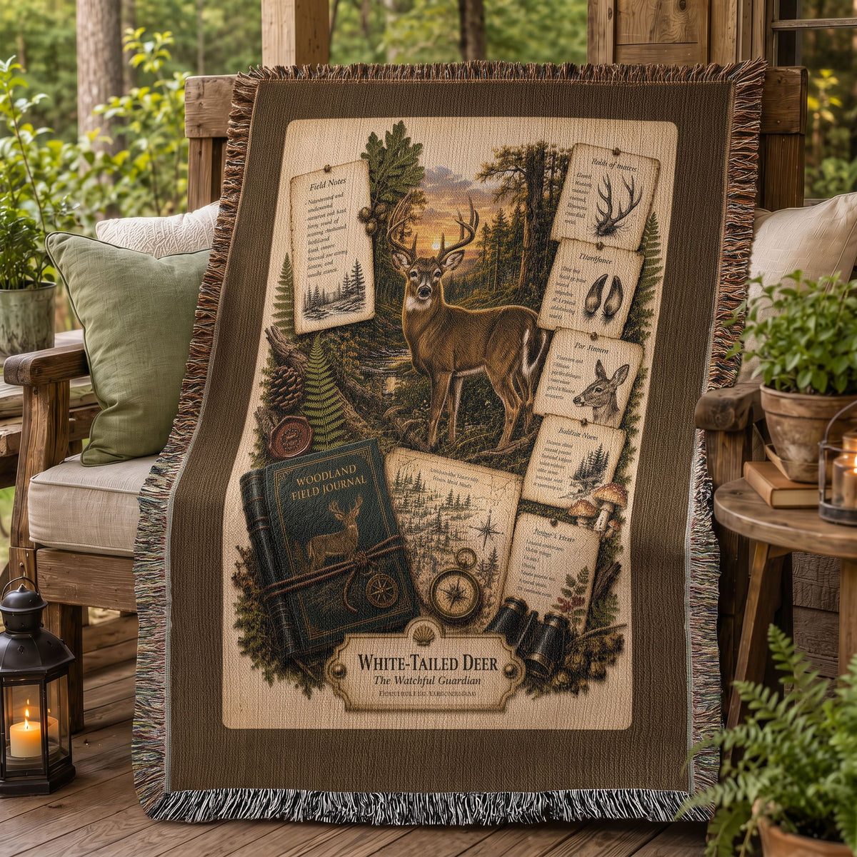 White-Tailed Deer Woven Throw Blanket | Woodland Animal Decor | Cotton Tapestry Throw | Naturalist Journal Gift