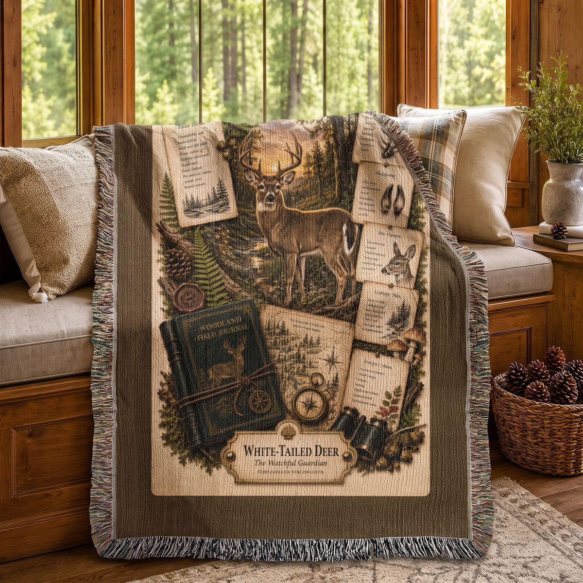 White-Tailed Deer Woven Throw Blanket | Woodland Animal Decor | Cotton Tapestry Throw | Naturalist Journal Gift