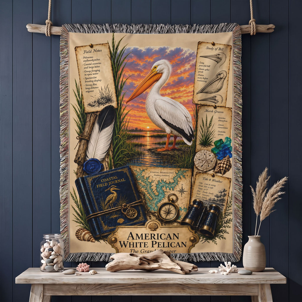 American White Pelican Woven Throw Blanket | Coastal Bird Decor | Cotton Tapestry Throw | Naturalist Journal Gift