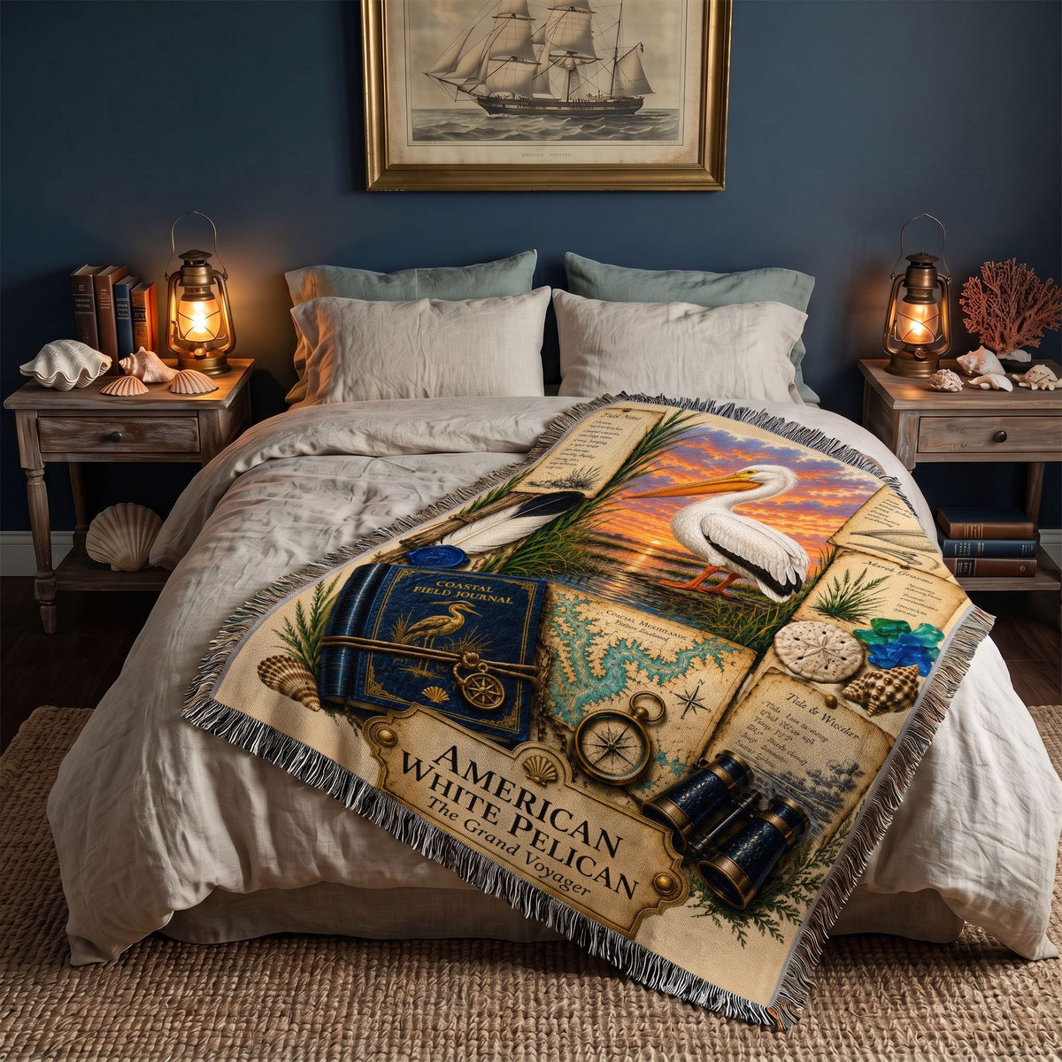 American White Pelican Woven Throw Blanket | Coastal Bird Decor | Cotton Tapestry Throw | Naturalist Journal Gift
