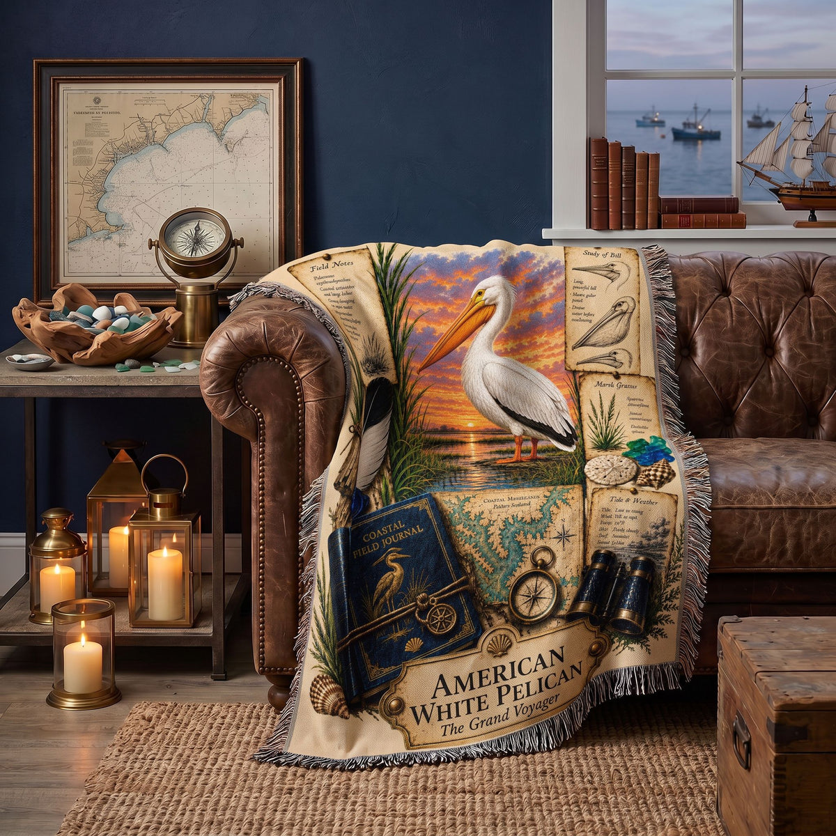 American White Pelican Woven Throw Blanket | Coastal Bird Decor | Cotton Tapestry Throw | Naturalist Journal Gift