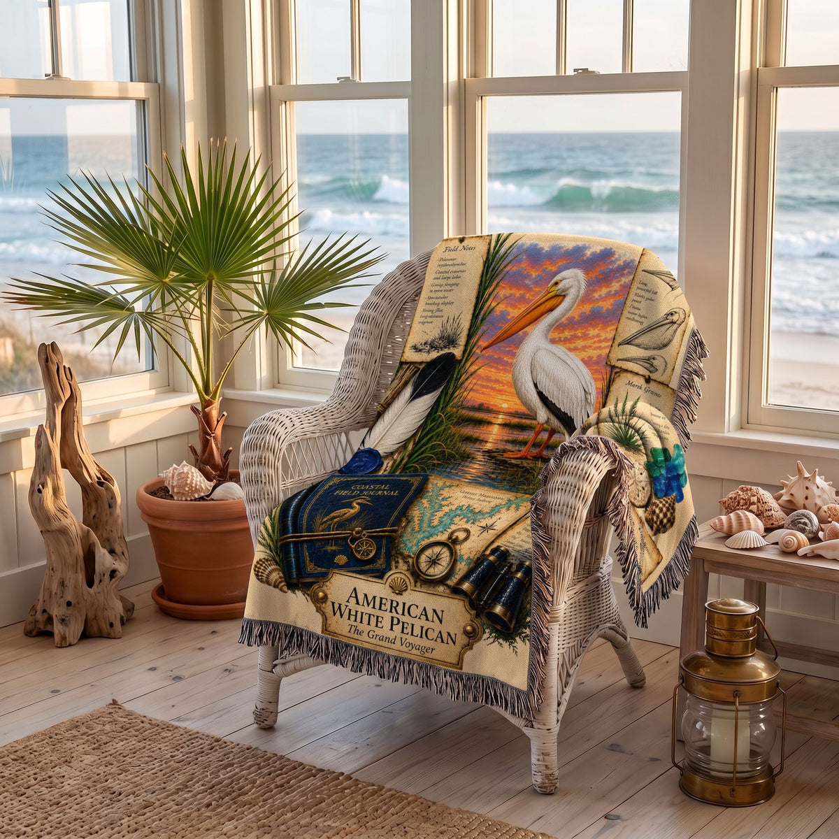 American White Pelican Woven Throw Blanket | Coastal Bird Decor | Cotton Tapestry Throw | Naturalist Journal Gift