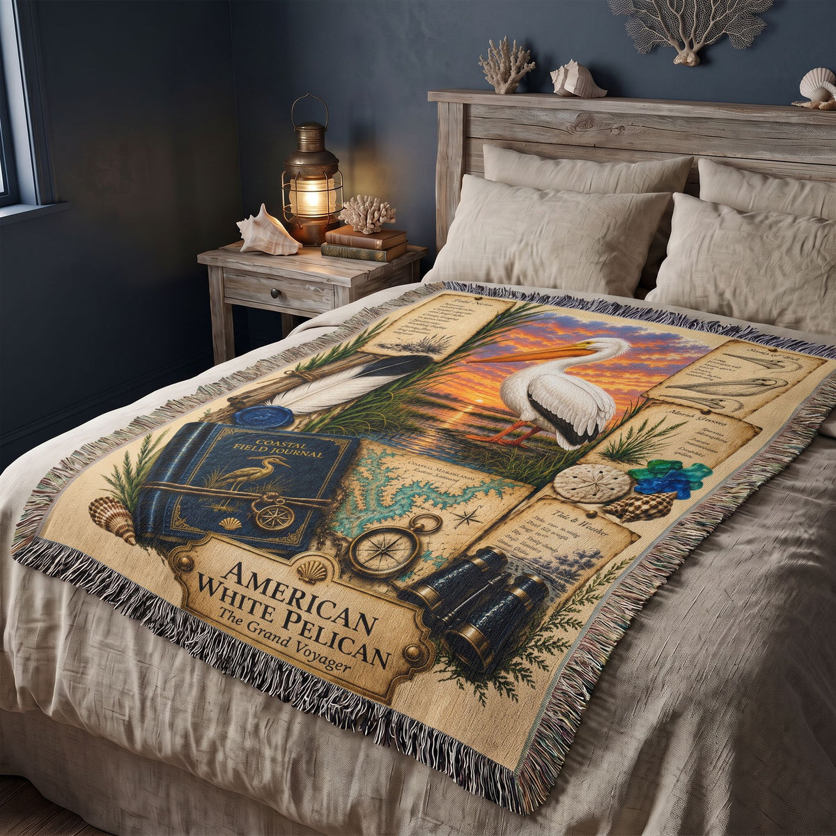 American White Pelican Woven Throw Blanket | Coastal Bird Decor | Cotton Tapestry Throw | Naturalist Journal Gift