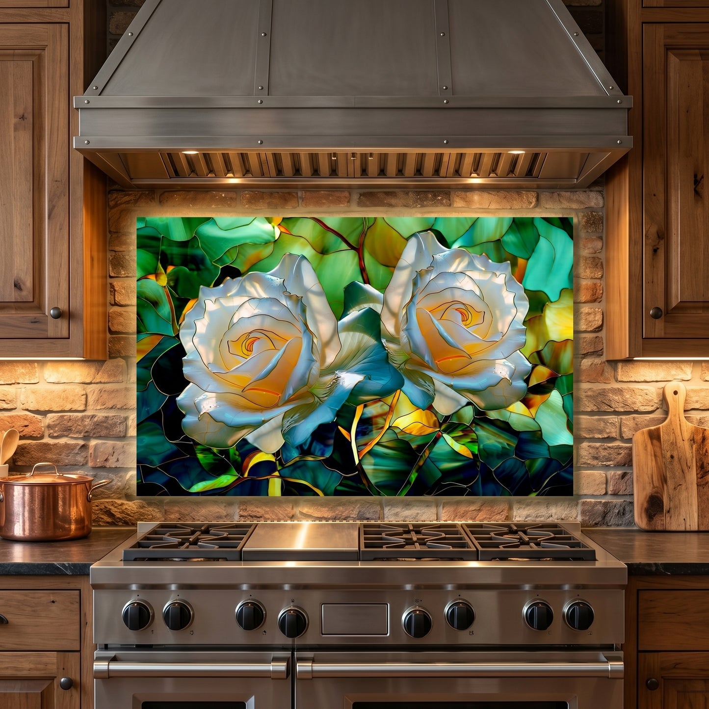 White Rose Metal Kitchen Backsplash Panel, Stained Glass Inspired Wall Art
