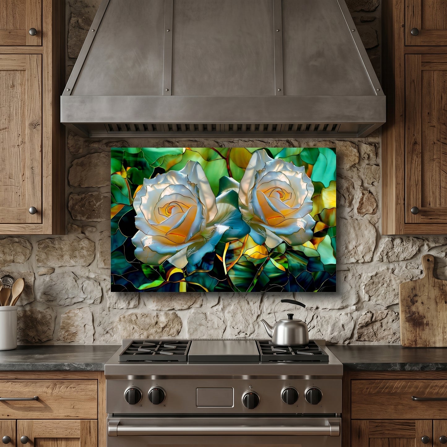 White Rose Metal Kitchen Backsplash Panel, Stained Glass Inspired Wall Art