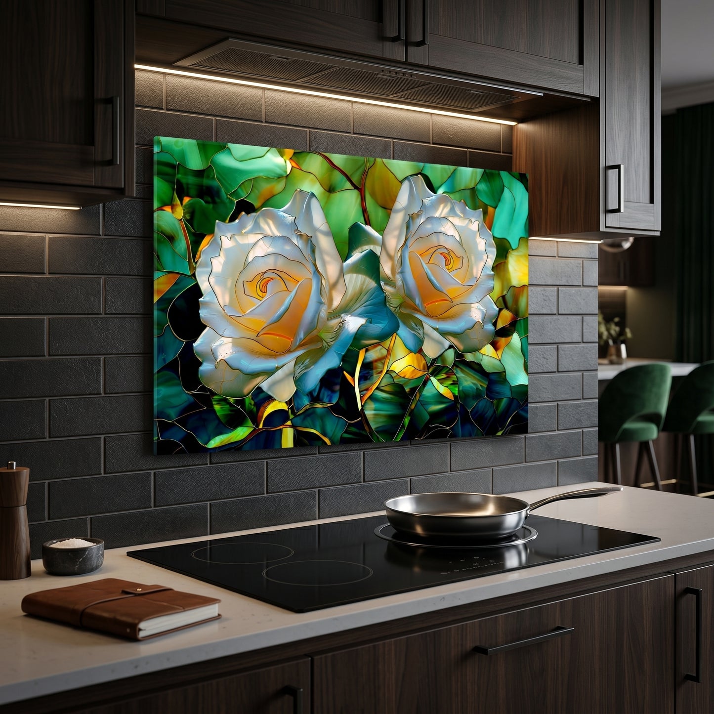 White Rose Metal Kitchen Backsplash Panel, Stained Glass Inspired Wall Art