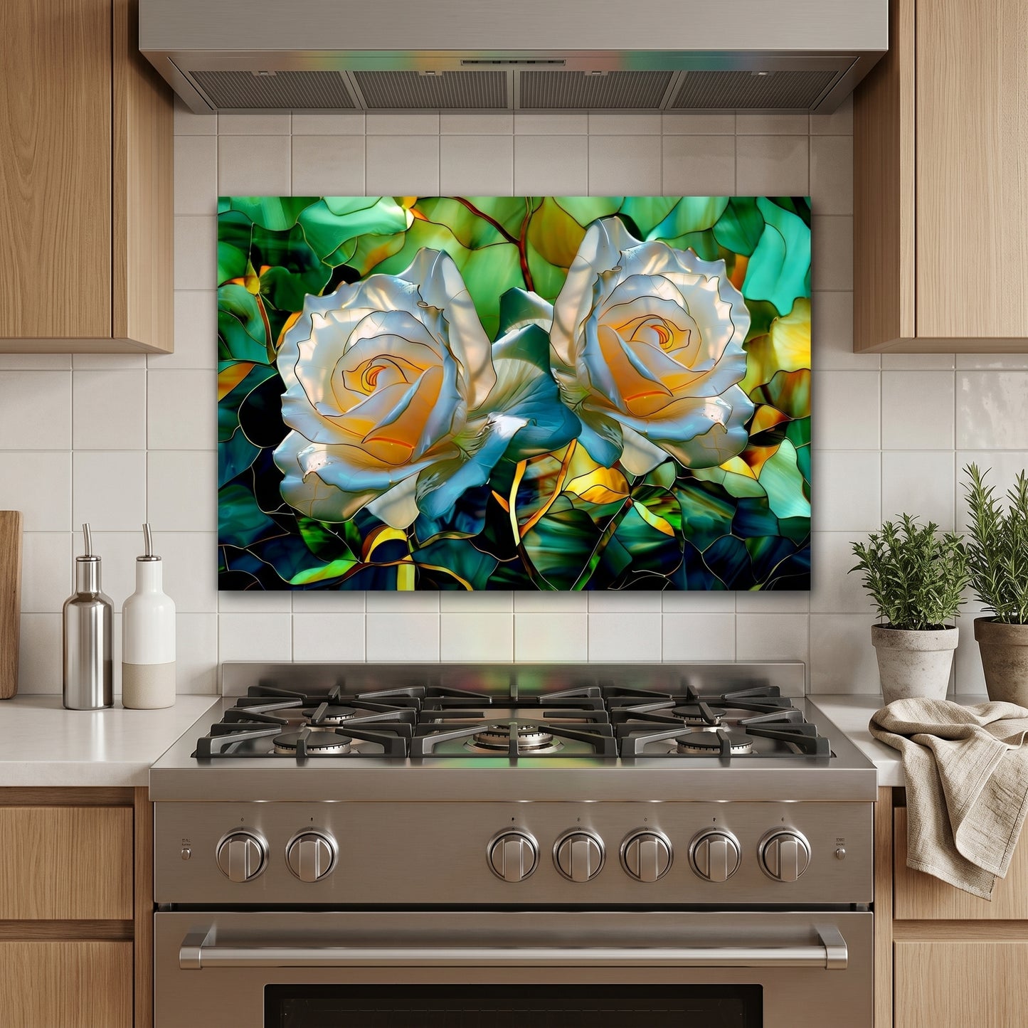 White Rose Metal Kitchen Backsplash Panel, Stained Glass Inspired Wall Art