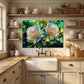 White Rose Metal Kitchen Backsplash Panel, Stained Glass Inspired Wall Art