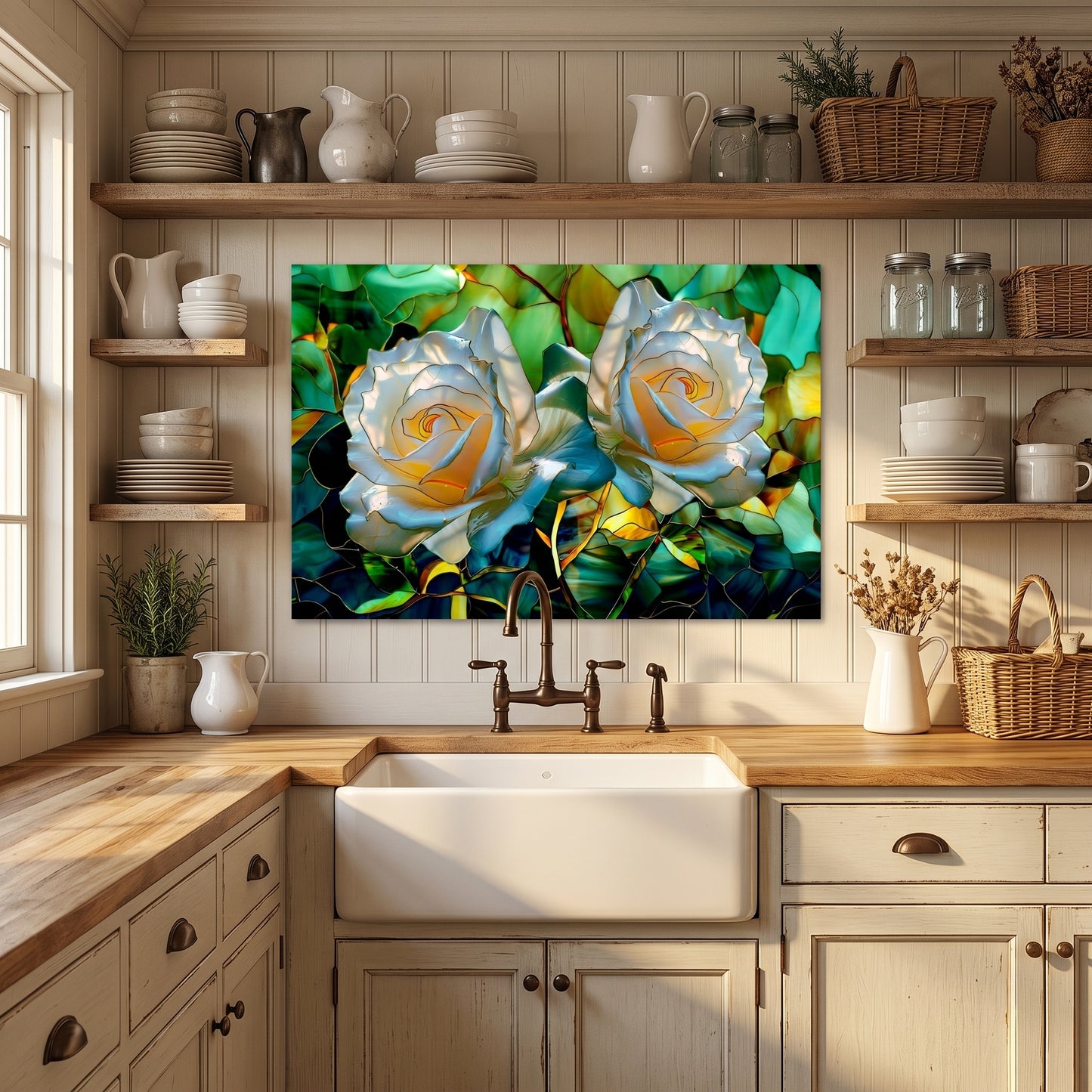 White Rose Metal Kitchen Backsplash Panel, Stained Glass Inspired Wall Art
