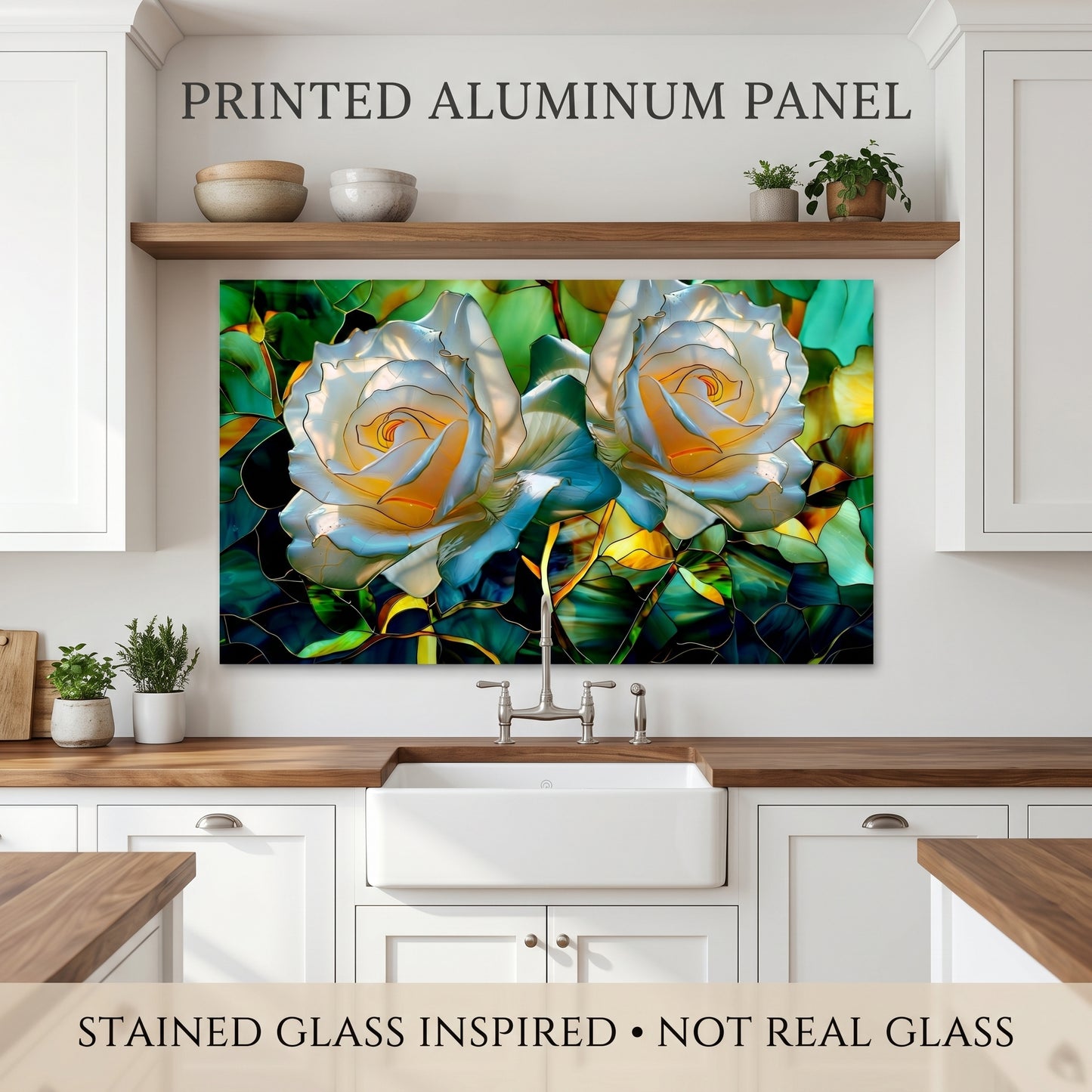 White Rose Metal Kitchen Backsplash Panel, Stained Glass Inspired Wall Art