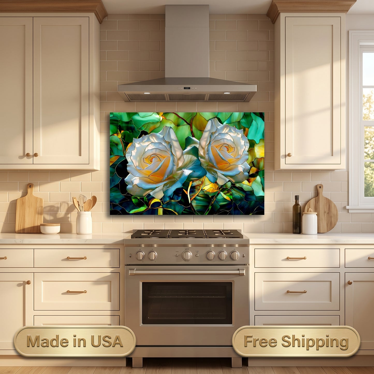 White Rose Metal Kitchen Backsplash Panel, Stained Glass Inspired Wall Art