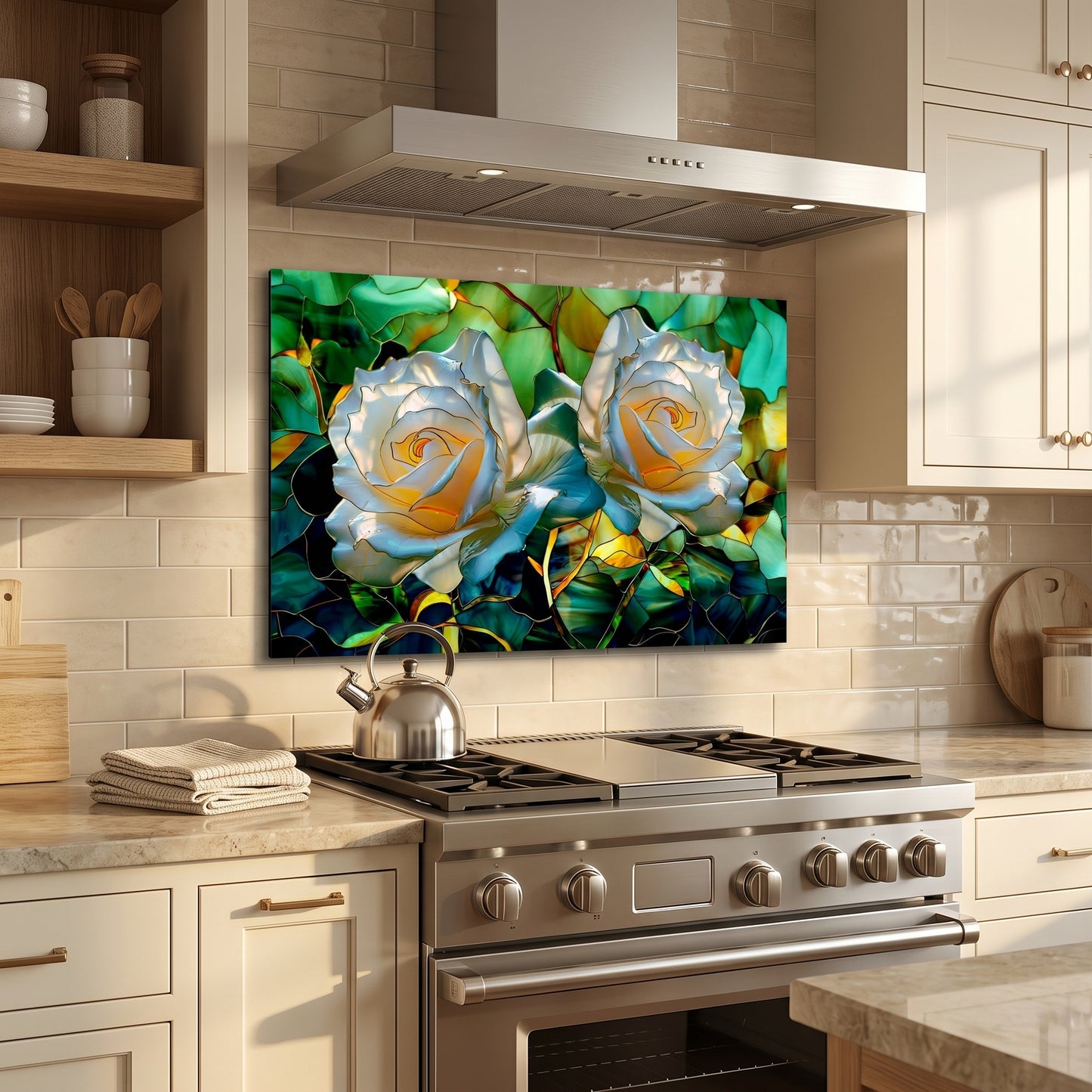 White Rose Metal Kitchen Backsplash Panel, Stained Glass Inspired Wall Art