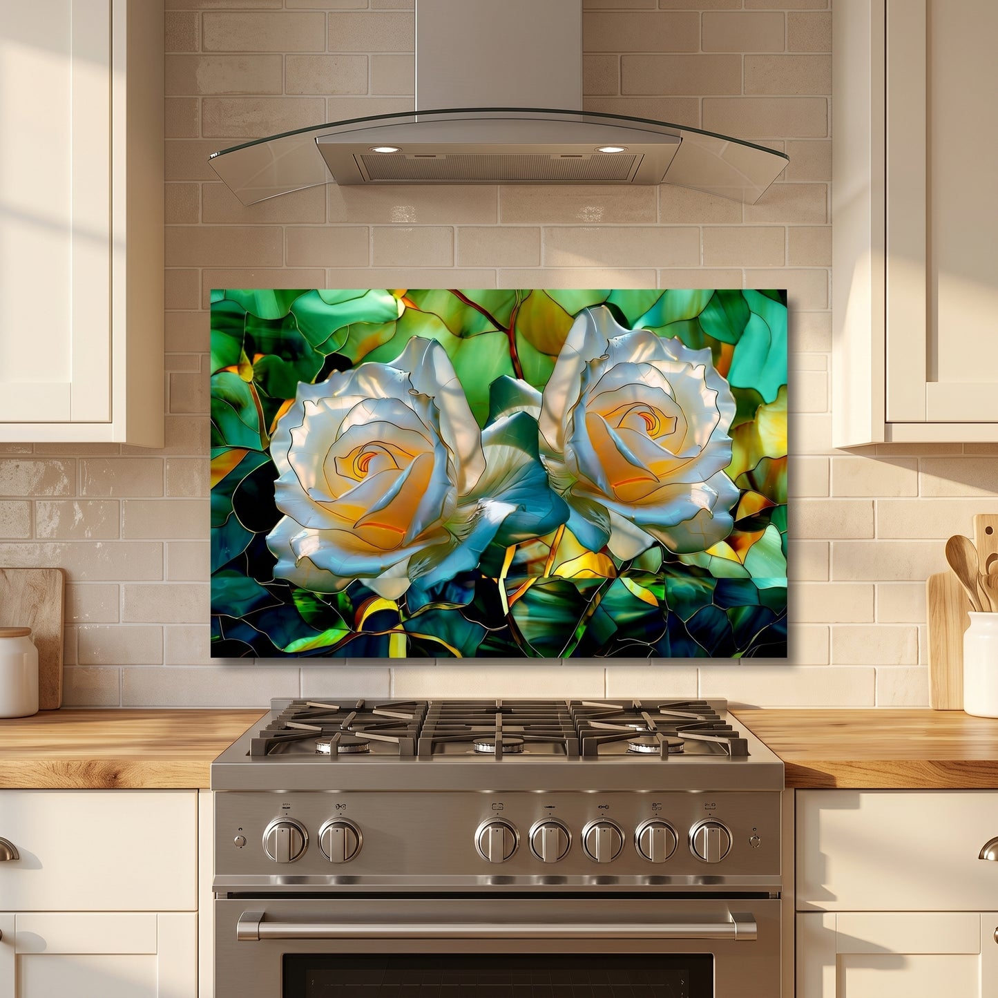 White Rose Metal Kitchen Backsplash Panel, Stained Glass Inspired Wall Art