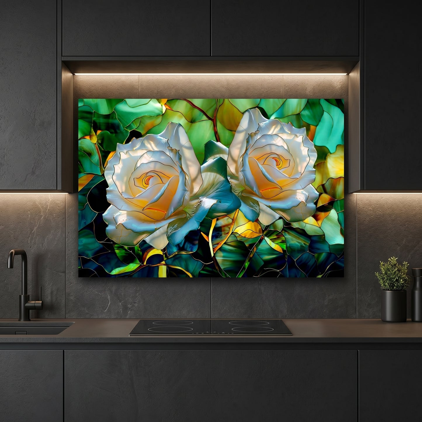 White Rose Metal Kitchen Backsplash Panel, Stained Glass Inspired Wall Art