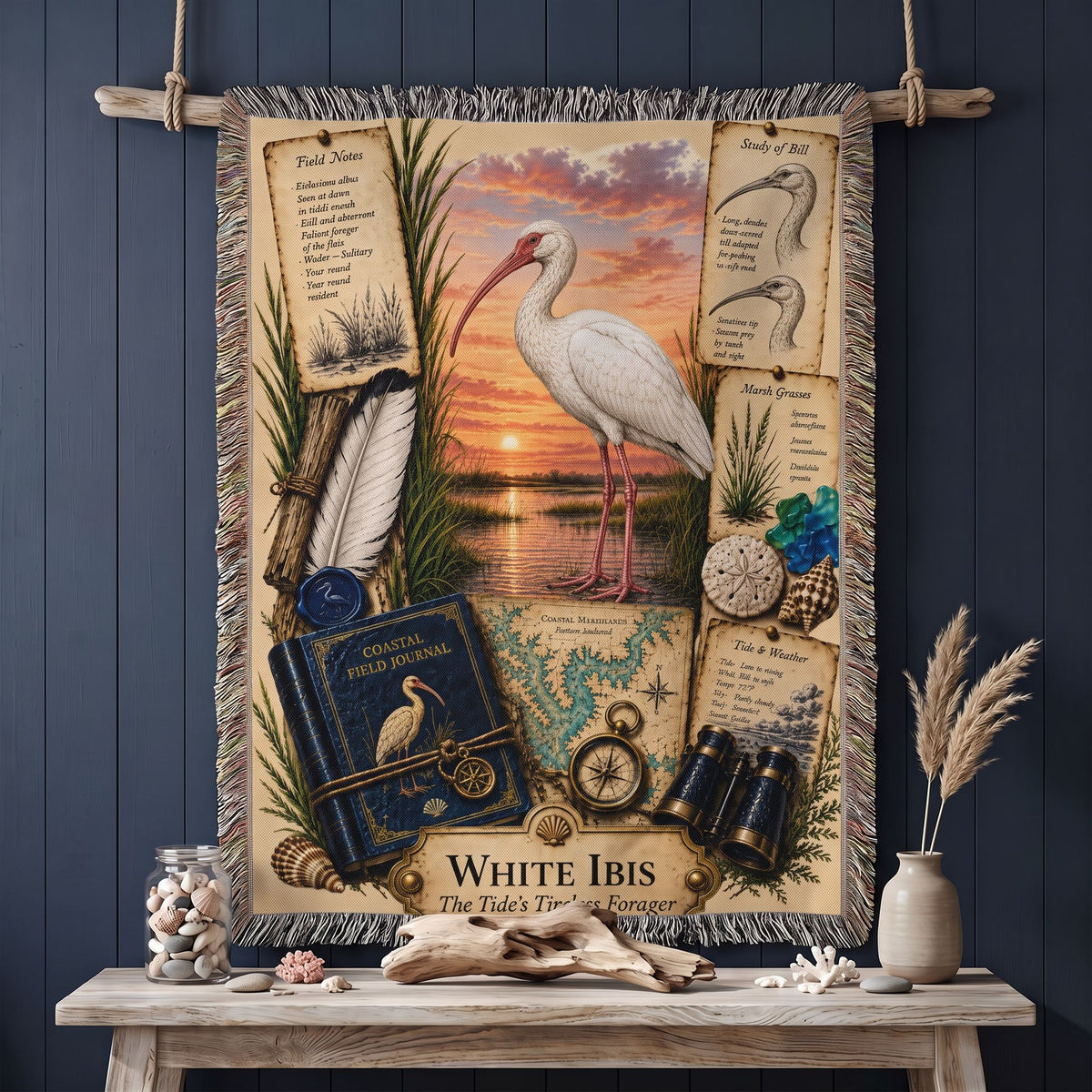 White Ibis Woven Throw Blanket | Coastal Bird Decor | Cotton Tapestry Throw | Naturalist Journal Gift