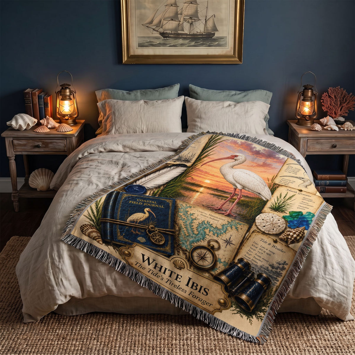 White Ibis Woven Throw Blanket | Coastal Bird Decor | Cotton Tapestry Throw | Naturalist Journal Gift