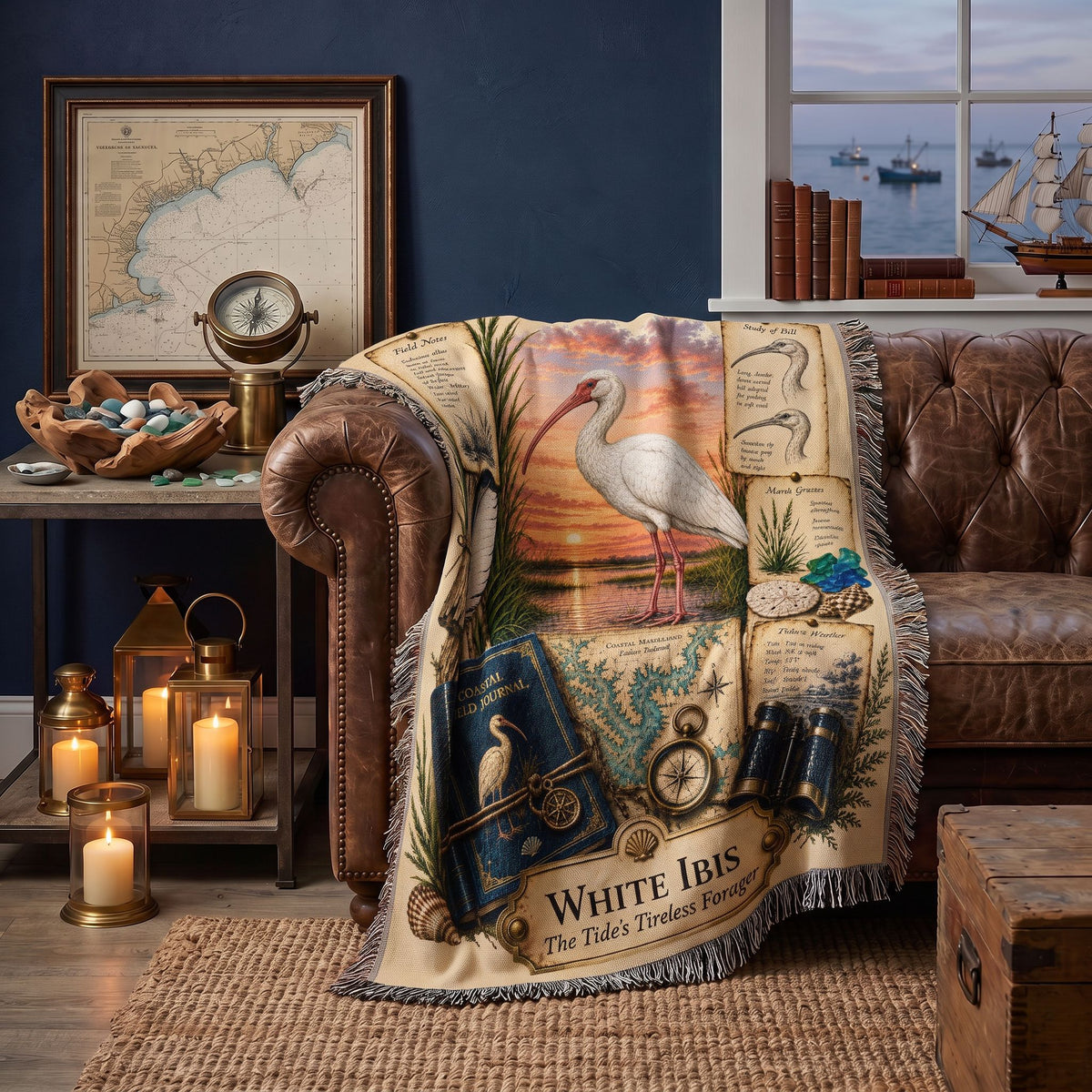 White Ibis Woven Throw Blanket | Coastal Bird Decor | Cotton Tapestry Throw | Naturalist Journal Gift