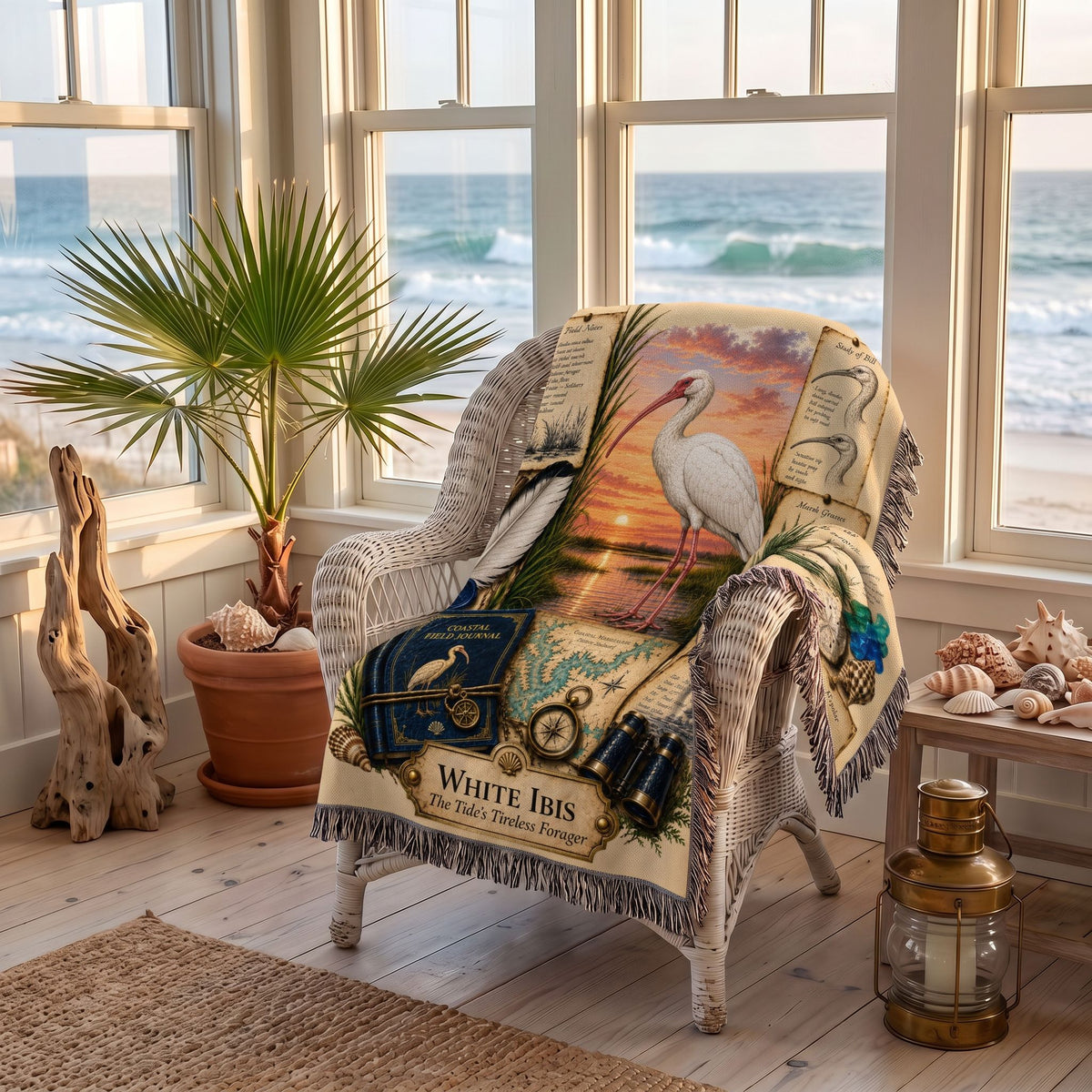 White Ibis Woven Throw Blanket | Coastal Bird Decor | Cotton Tapestry Throw | Naturalist Journal Gift