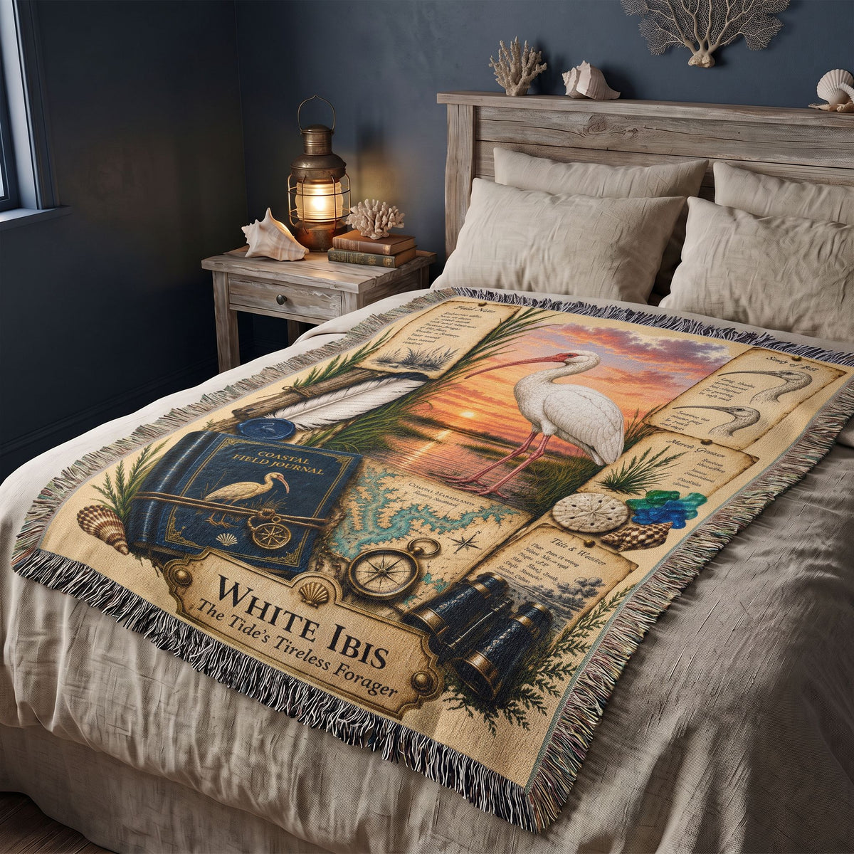 White Ibis Woven Throw Blanket | Coastal Bird Decor | Cotton Tapestry Throw | Naturalist Journal Gift
