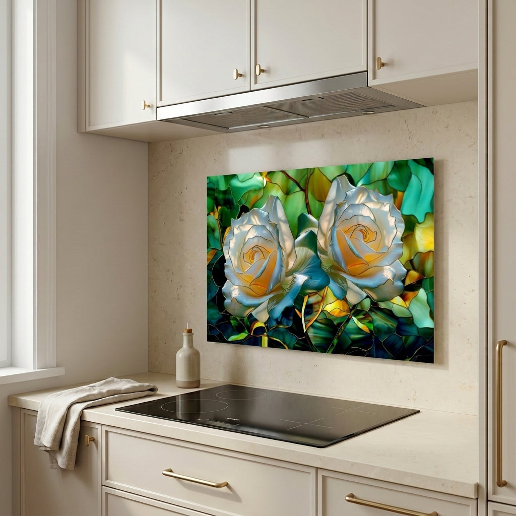 White Rose Metal Kitchen Backsplash Panel, Stained Glass Inspired Wall Art