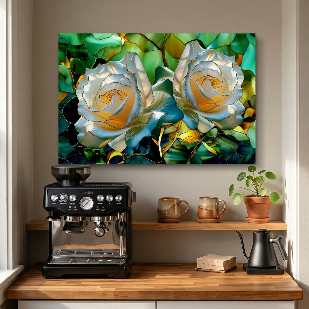 White Rose Metal Kitchen Backsplash Panel, Stained Glass Inspired Wall Art
