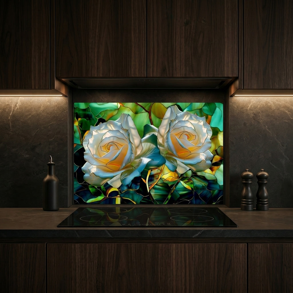 White Rose Metal Kitchen Backsplash Panel, Stained Glass Inspired Wall Art