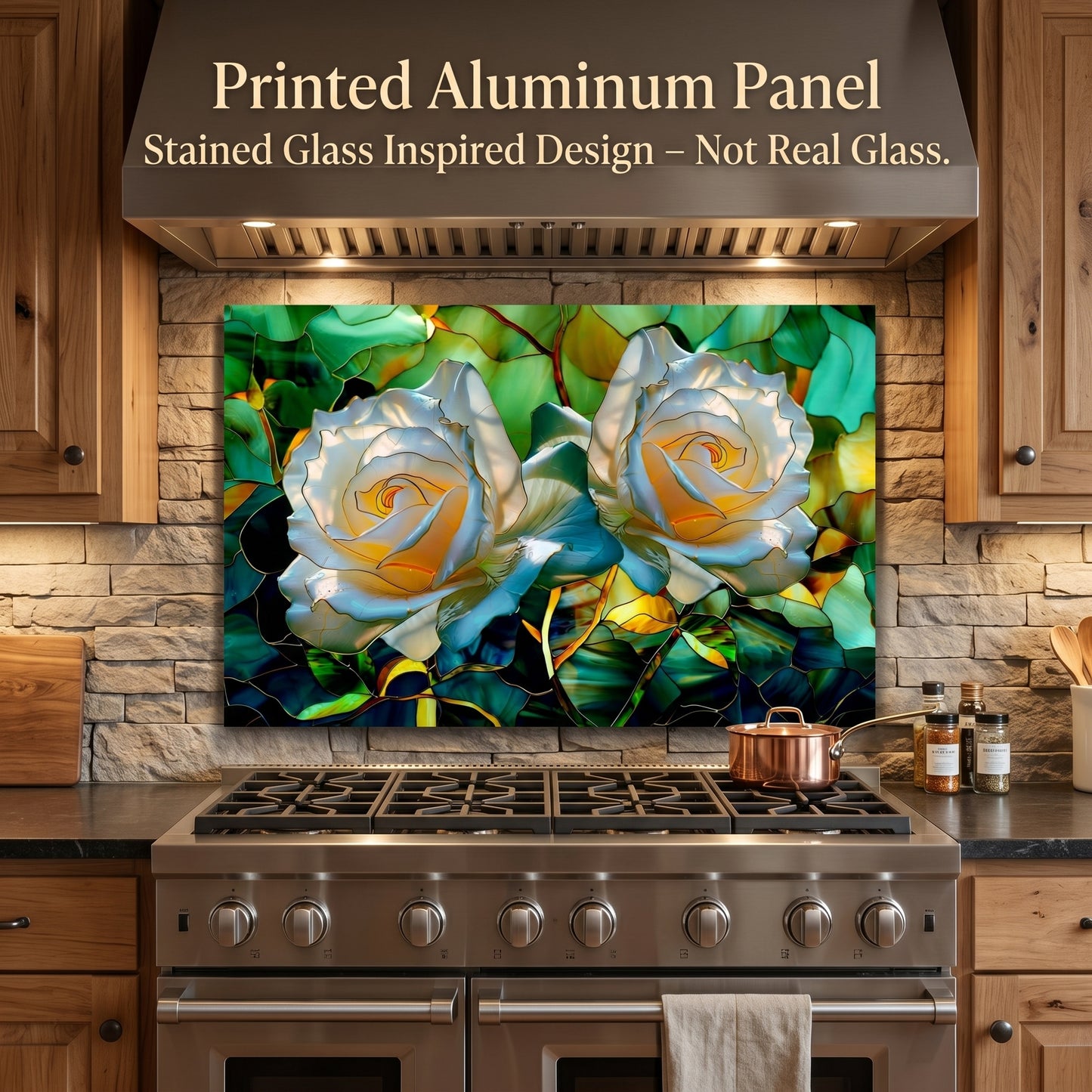 White Rose Metal Kitchen Backsplash Panel, Stained Glass Inspired Wall Art