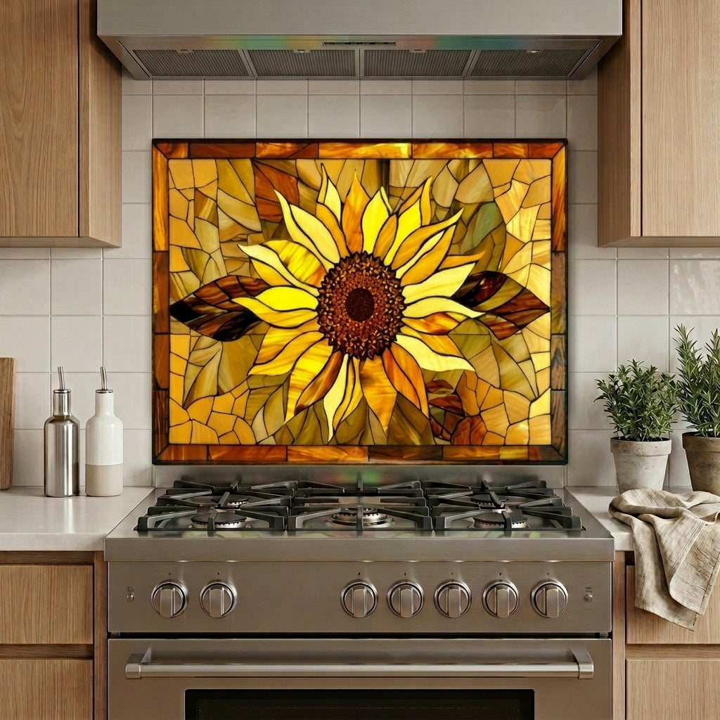 Sunflower Metal Kitchen Backsplash Panel, Stained Glass Inspired Wall Art